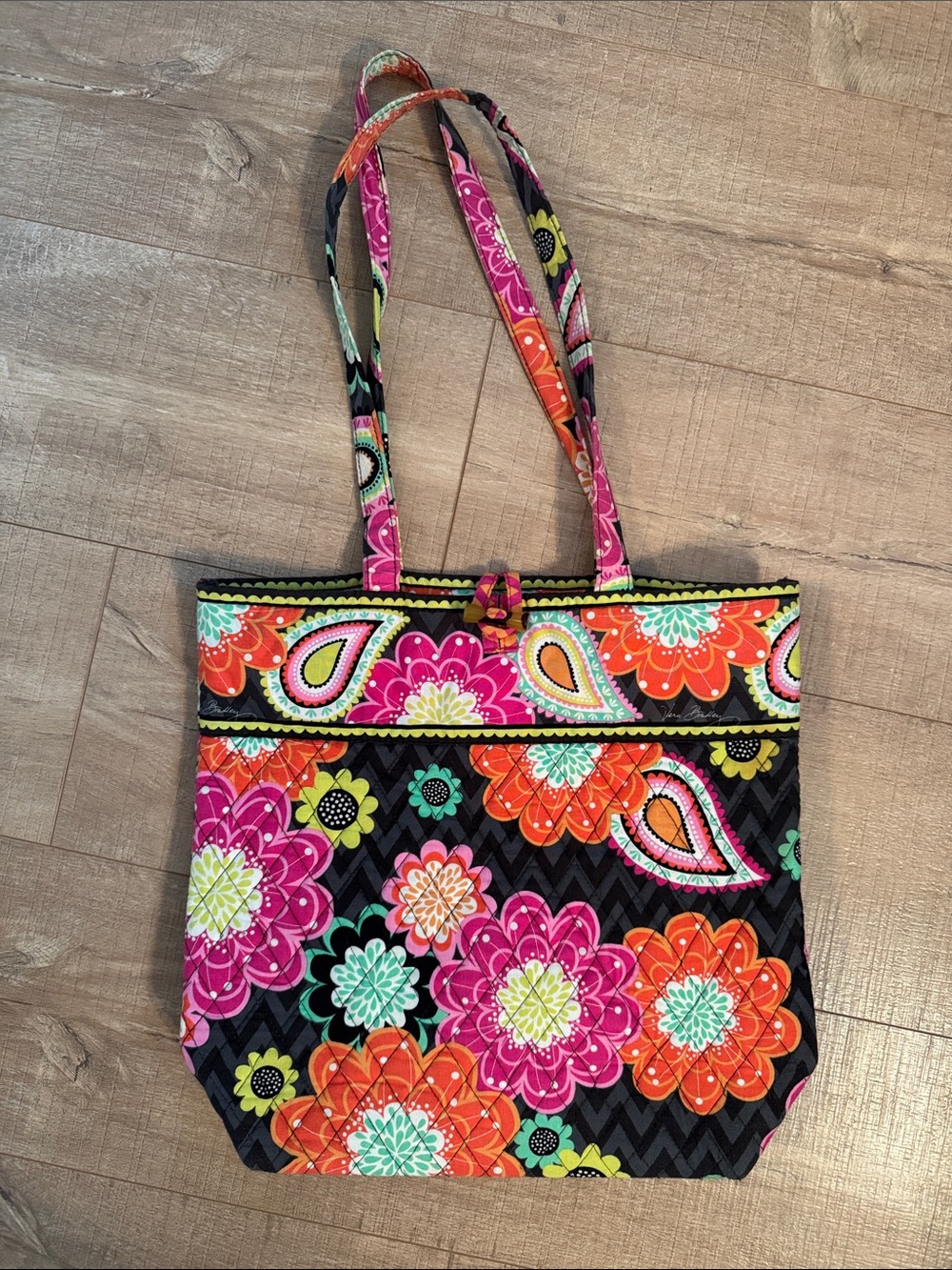 Vera Bradley Black Tote with Pink Orange Green Floral Paisley Print
